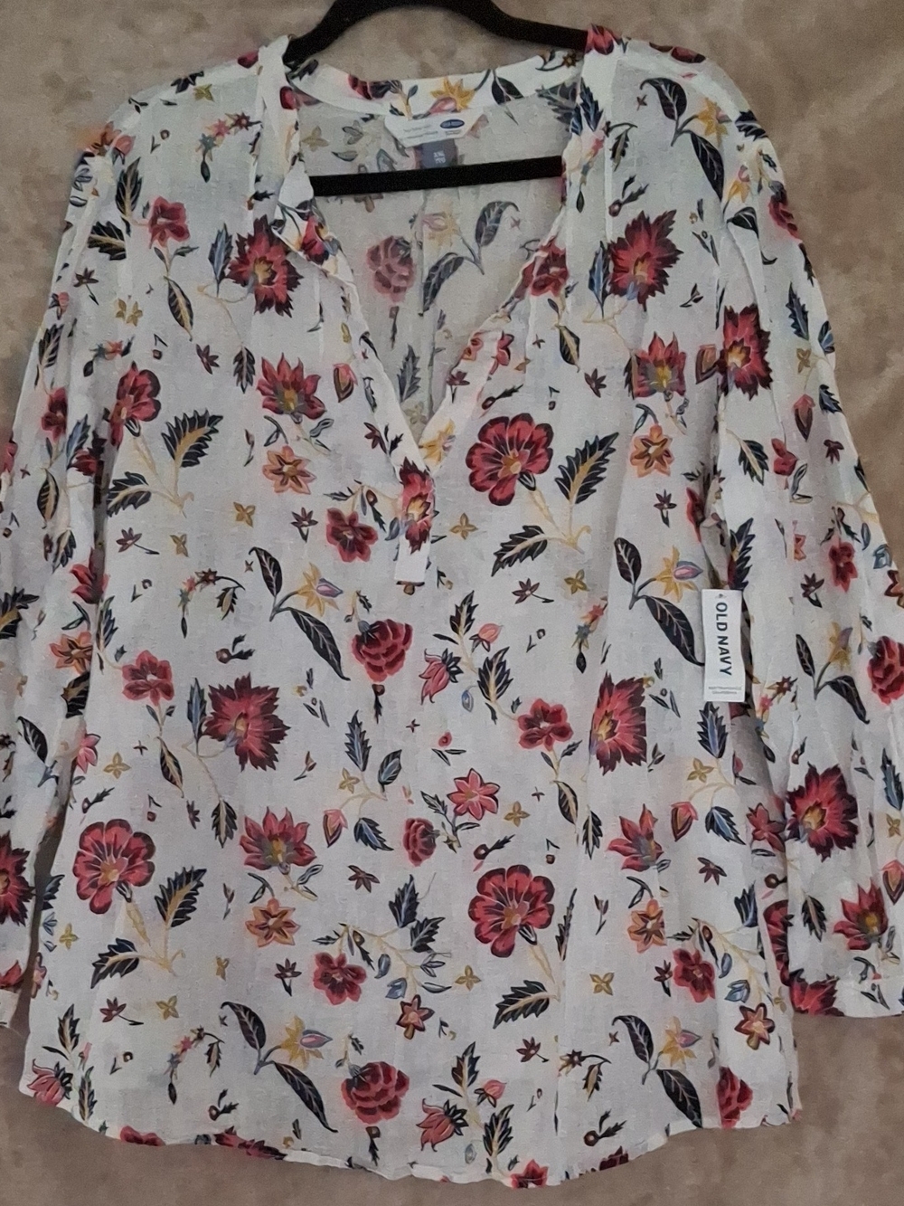 Old Navy White Floral Split-Neck Blouse with Red and Yellow Blooms